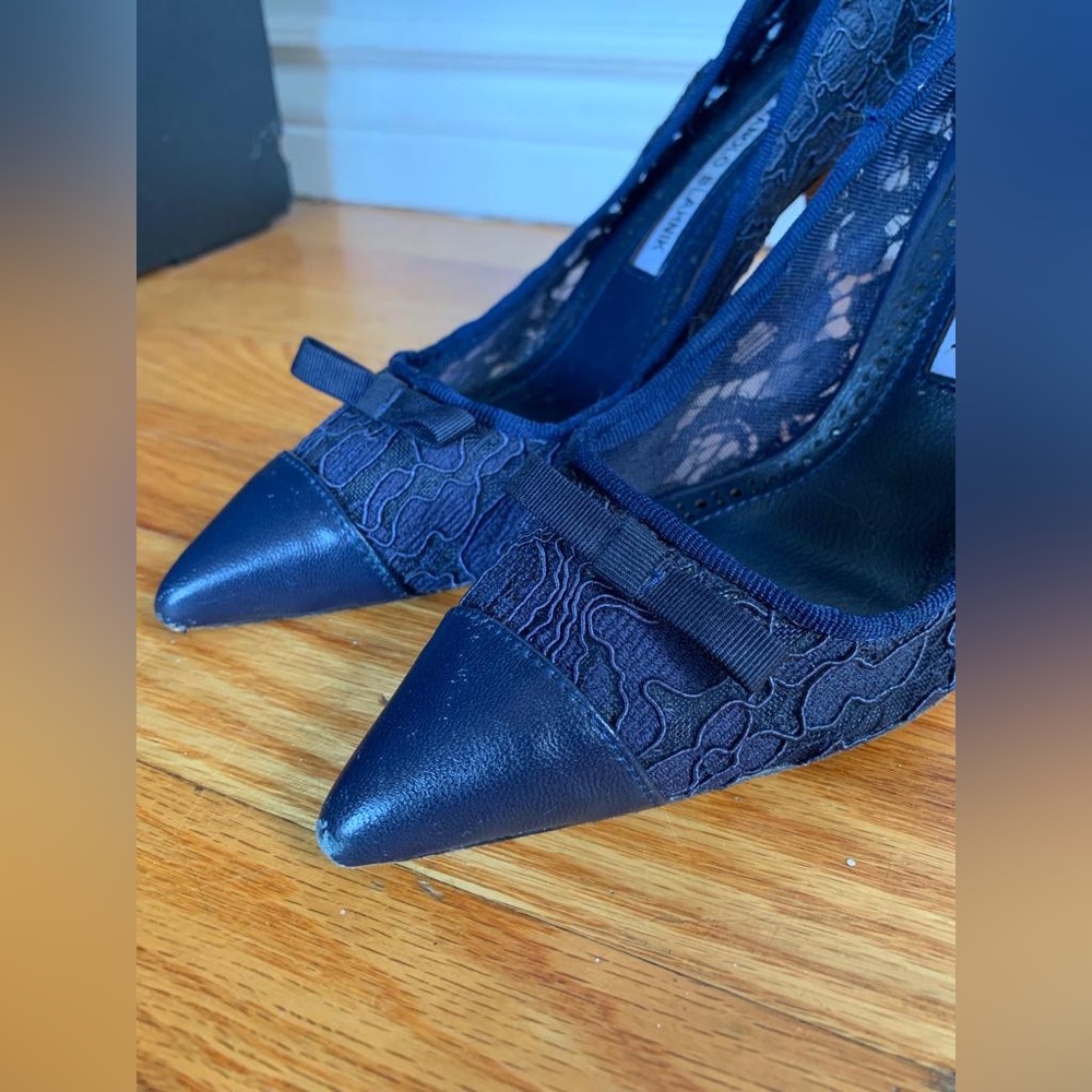 Manolo Blahnik navy lace and leather heels